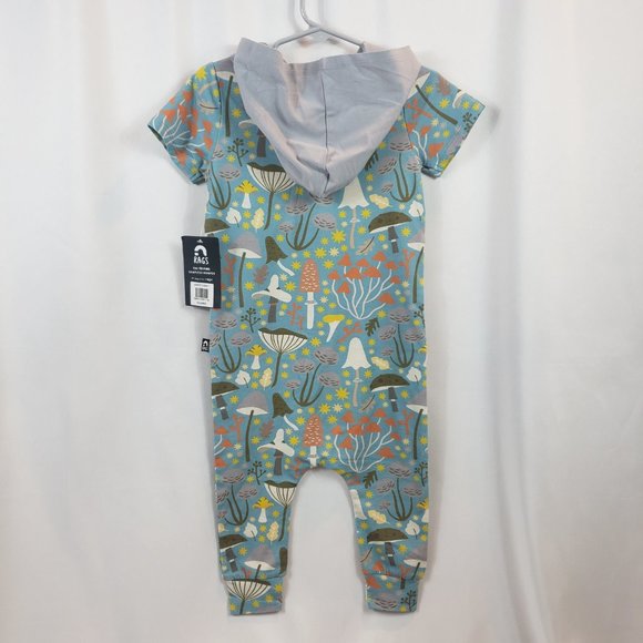 RAGS Short Sleeved Hooded Blue Romper with Printed Mushrooms, & Kangaroo Pocket - Picture 8 of 9